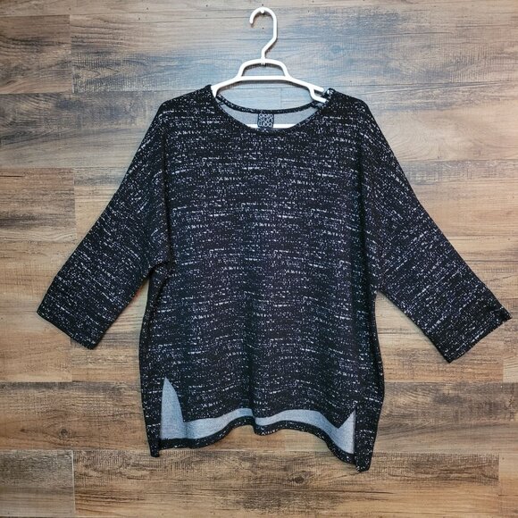 Clara Sun Woo Tunic Top 1X Boxy Lagenlook Hi Low Hem Black White Flecks - Picture 1 of 10